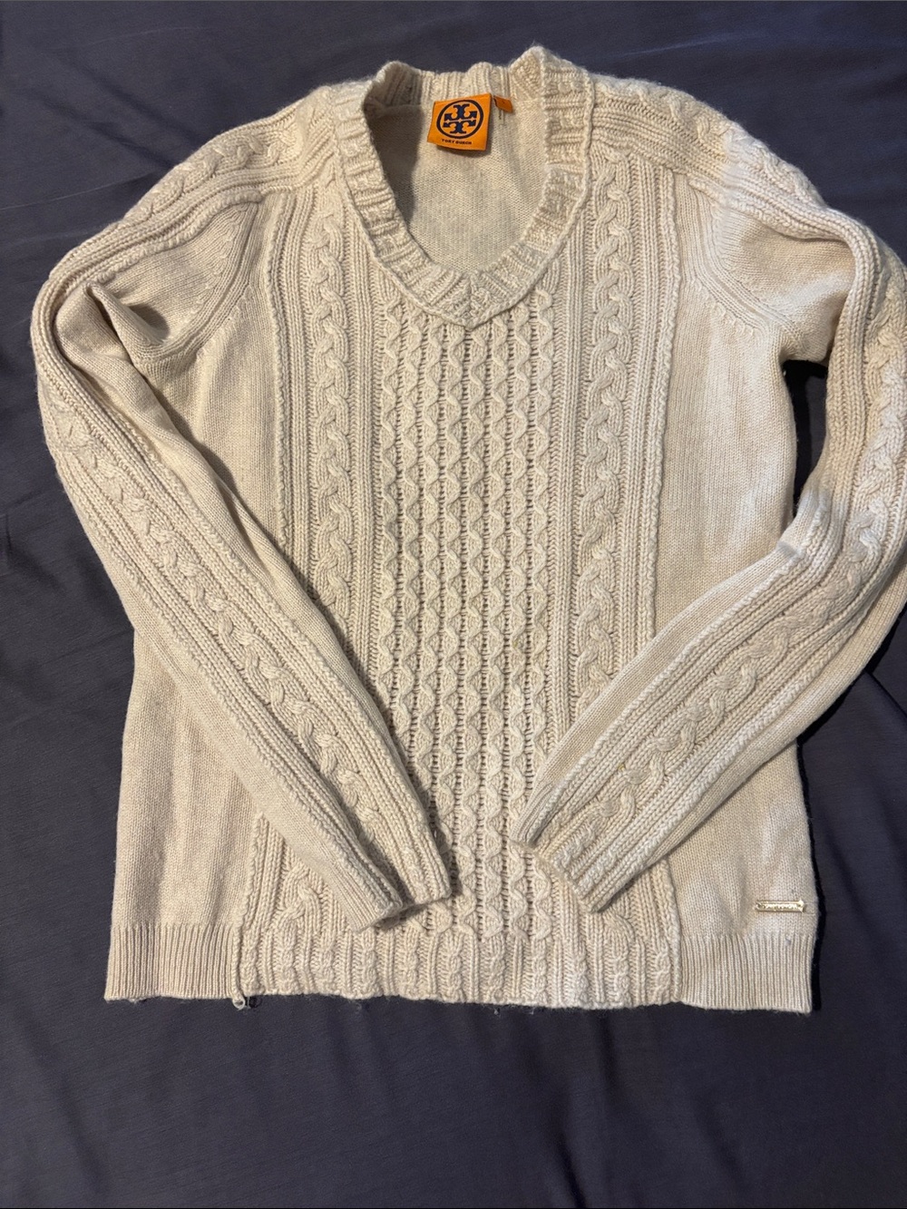 Tory Burch Women’s  Cream Cable-Knit V-Neck Pullover Sweater S